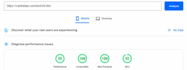 VLT Tool PageSpeed score